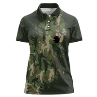 Bowling Camouflage Pattern Women Polo Shirt with Ball and Pins Graphic in Army Green and Beige Brushstroke Design - Wonder Print Shop