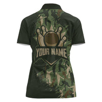 Bowling Camouflage Pattern Women Polo Shirt with Ball and Pins Graphic in Army Green and Beige Brushstroke Design - Wonder Print Shop