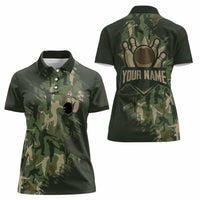 Bowling Camouflage Pattern Women Polo Shirt with Ball and Pins Graphic in Army Green and Beige Brushstroke Design - Wonder Print Shop