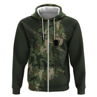 Bowling Camouflage Pattern Zip Hoodie with Ball and Pins Graphic in Army Green and Beige Brushstroke Design - Wonder Print Shop
