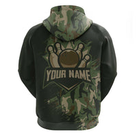 Bowling Camouflage Pattern Zip Hoodie with Ball and Pins Graphic in Army Green and Beige Brushstroke Design - Wonder Print Shop