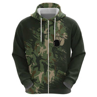 Bowling Camouflage Pattern Zip Hoodie with Ball and Pins Graphic in Army Green and Beige Brushstroke Design - Wonder Print Shop