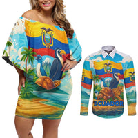 Ecuador Couples Matching Off Shoulder Short Dress and Long Sleeve Button Shirt with Wildlife and Flag Landscape Design - Wonder Print Shop