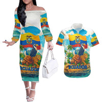 Ecuador Couples Matching Off The Shoulder Long Sleeve Dress and Hawaiian Shirt with Wildlife and Flag Landscape Design - Wonder Print Shop