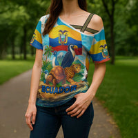 Ecuador Cross Shoulder Shirt with Wildlife and Flag Landscape Design - Wonder Print Shop