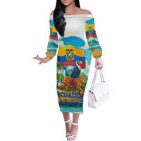 Ecuador Family Matching Off The Shoulder Long Sleeve Dress and Hawaiian Shirt with Wildlife and Flag Landscape Design - Wonder Print Shop