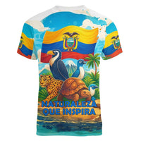 Ecuador Women V-Neck T-Shirt with Wildlife and Flag Landscape Design - Wonder Print Shop
