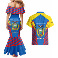 Ecuador Couples Matching Mermaid Dress and Hawaiian Shirt with Coat of Arms and Bold Stripe Design - Wonder Print Shop