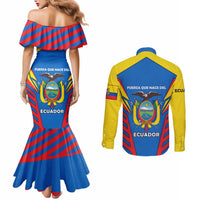 Ecuador Couples Matching Mermaid Dress and Long Sleeve Button Shirt with Coat of Arms and Bold Stripe Design - Wonder Print Shop