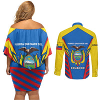 Ecuador Couples Matching Off Shoulder Short Dress and Long Sleeve Button Shirt with Coat of Arms and Bold Stripe Design - Wonder Print Shop