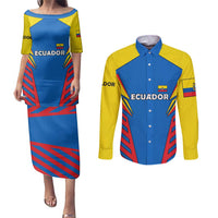 Ecuador Couples Matching Puletasi and Long Sleeve Button Shirt with Coat of Arms and Bold Stripe Design - Wonder Print Shop