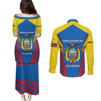 Ecuador Couples Matching Puletasi and Long Sleeve Button Shirt with Coat of Arms and Bold Stripe Design - Wonder Print Shop