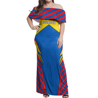 Ecuador Off Shoulder Maxi Dress with Coat of Arms and Bold Stripe Design - Wonder Print Shop