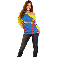 Ecuador Off Shoulder Sweater with Coat of Arms and Bold Stripe Design - Wonder Print Shop