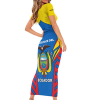 Ecuador Short Sleeve Bodycon Dress with Coat of Arms and Bold Stripe Design - Wonder Print Shop