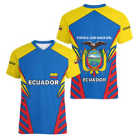 Ecuador Women V-Neck T-Shirt with Coat of Arms and Bold Stripe Design - Wonder Print Shop