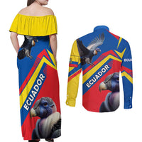 Ecuador Couples Matching Off Shoulder Maxi Dress and Long Sleeve Button Shirt with Andean Condor and Chevron Stripe Design - Wonder Print Shop