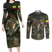 Ecuador Couples Matching Long Sleeve Bodycon Dress and Long Sleeve Button Shirt with Jaguar Rainforest Map Design - Wonder Print Shop