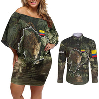 Ecuador Couples Matching Off Shoulder Short Dress and Long Sleeve Button Shirt with Jaguar Rainforest Map Design - Wonder Print Shop