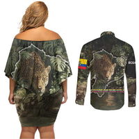 Ecuador Couples Matching Off Shoulder Short Dress and Long Sleeve Button Shirt with Jaguar Rainforest Map Design - Wonder Print Shop