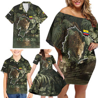 Ecuador Family Matching Off Shoulder Short Dress and Hawaiian Shirt with Jaguar Rainforest Map Design - Wonder Print Shop