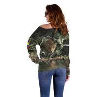 Ecuador Off Shoulder Sweater with Jaguar Rainforest Map Design - Wonder Print Shop