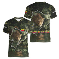 Ecuador Women V-Neck T-Shirt with Jaguar Rainforest Map Design - Wonder Print Shop