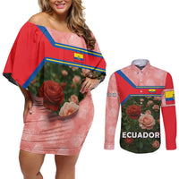 Ecuador Couples Matching Off Shoulder Short Dress and Long Sleeve Button Shirt with Rose Garden and Floral Texture Design - Wonder Print Shop