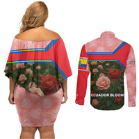 Ecuador Couples Matching Off Shoulder Short Dress and Long Sleeve Button Shirt with Rose Garden and Floral Texture Design - Wonder Print Shop
