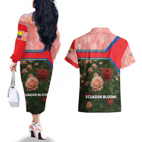 Ecuador Couples Matching Off The Shoulder Long Sleeve Dress and Hawaiian Shirt with Rose Garden and Floral Texture Design - Wonder Print Shop