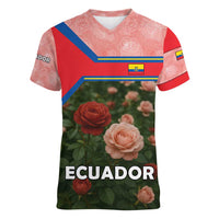 Ecuador Women V-Neck T-Shirt with Rose Garden and Floral Texture Design - Wonder Print Shop
