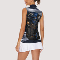Ninja Raccoon Quasimodo Pizza Heist Women Sleeveless Polo Shirt Night Stealth Scene Detailed Pizza Slices