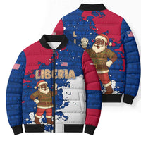 Liberia Christmas Bomber Puffer Jacket with Santa Claus Map Graphic and Red Blue Festive - Wonder Print Shop