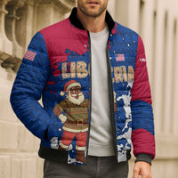 Liberia Christmas Bomber Puffer Jacket with Santa Claus Map Graphic and Red Blue Festive - Wonder Print Shop