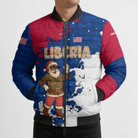 Liberia Christmas Bomber Puffer Jacket with Santa Claus Map Graphic and Red Blue Festive - Wonder Print Shop