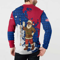 Liberia Christmas Button Sweatshirt with Santa Claus Map Graphic and Red Blue Festive - Wonder Print Shop