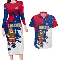 Liberia Christmas Couples Matching Long Sleeve Bodycon Dress and Hawaiian Shirt with Santa Claus Map Graphic and Red Blue Festive - Wonder Print Shop