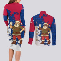Liberia Christmas Couples Matching Long Sleeve Bodycon Dress and Long Sleeve Button Shirt with Santa Claus Map Graphic and Red Blue Festive - Wonder Print Shop