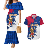 Liberia Christmas Couples Matching Mermaid Dress and Hawaiian Shirt with Santa Claus Map Graphic and Red Blue Festive - Wonder Print Shop