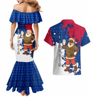 Liberia Christmas Couples Matching Mermaid Dress and Hawaiian Shirt with Santa Claus Map Graphic and Red Blue Festive - Wonder Print Shop
