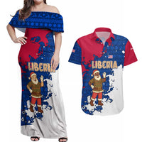 Liberia Christmas Couples Matching Off Shoulder Maxi Dress and Hawaiian Shirt with Santa Claus Map Graphic and Red Blue Festive - Wonder Print Shop