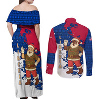 Liberia Christmas Couples Matching Off Shoulder Maxi Dress and Long Sleeve Button Shirt with Santa Claus Map Graphic and Red Blue Festive - Wonder Print Shop