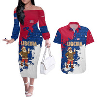 Liberia Christmas Couples Matching Off The Shoulder Long Sleeve Dress and Hawaiian Shirt with Santa Claus Map Graphic and Red Blue Festive - Wonder Print Shop