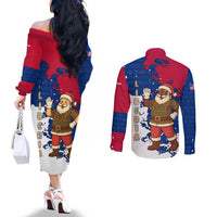 Liberia Christmas Couples Matching Off The Shoulder Long Sleeve Dress and Long Sleeve Button Shirt with Santa Claus Map Graphic and Red Blue Festive - Wonder Print Shop