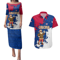 Liberia Christmas Couples Matching Puletasi and Hawaiian Shirt with Santa Claus Map Graphic and Red Blue Festive - Wonder Print Shop