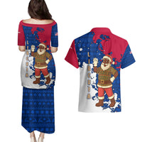 Liberia Christmas Couples Matching Puletasi and Hawaiian Shirt with Santa Claus Map Graphic and Red Blue Festive - Wonder Print Shop