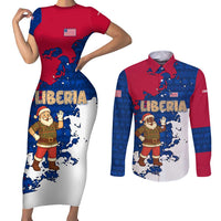 Liberia Christmas Couples Matching Short Sleeve Bodycon Dress and Long Sleeve Button Shirt with Santa Claus Map Graphic and Red Blue Festive - Wonder Print Shop