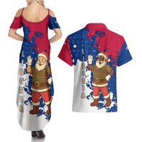 Liberia Christmas Couples Matching Summer Maxi Dress and Hawaiian Shirt with Santa Claus Map Graphic and Red Blue Festive - Wonder Print Shop
