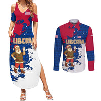 Liberia Christmas Couples Matching Summer Maxi Dress and Long Sleeve Button Shirt with Santa Claus Map Graphic and Red Blue Festive - Wonder Print Shop