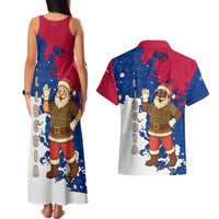 Liberia Christmas Couples Matching Tank Maxi Dress and Hawaiian Shirt with Santa Claus Map Graphic and Red Blue Festive - Wonder Print Shop